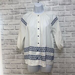 Haute Hanger White Blue Embroidered Button Up Blouse NWT Extra Small